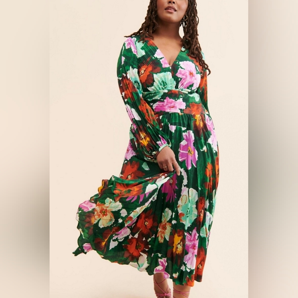 Anthropologie Maeve Green Floral Pleated V-neck Dress Size 18